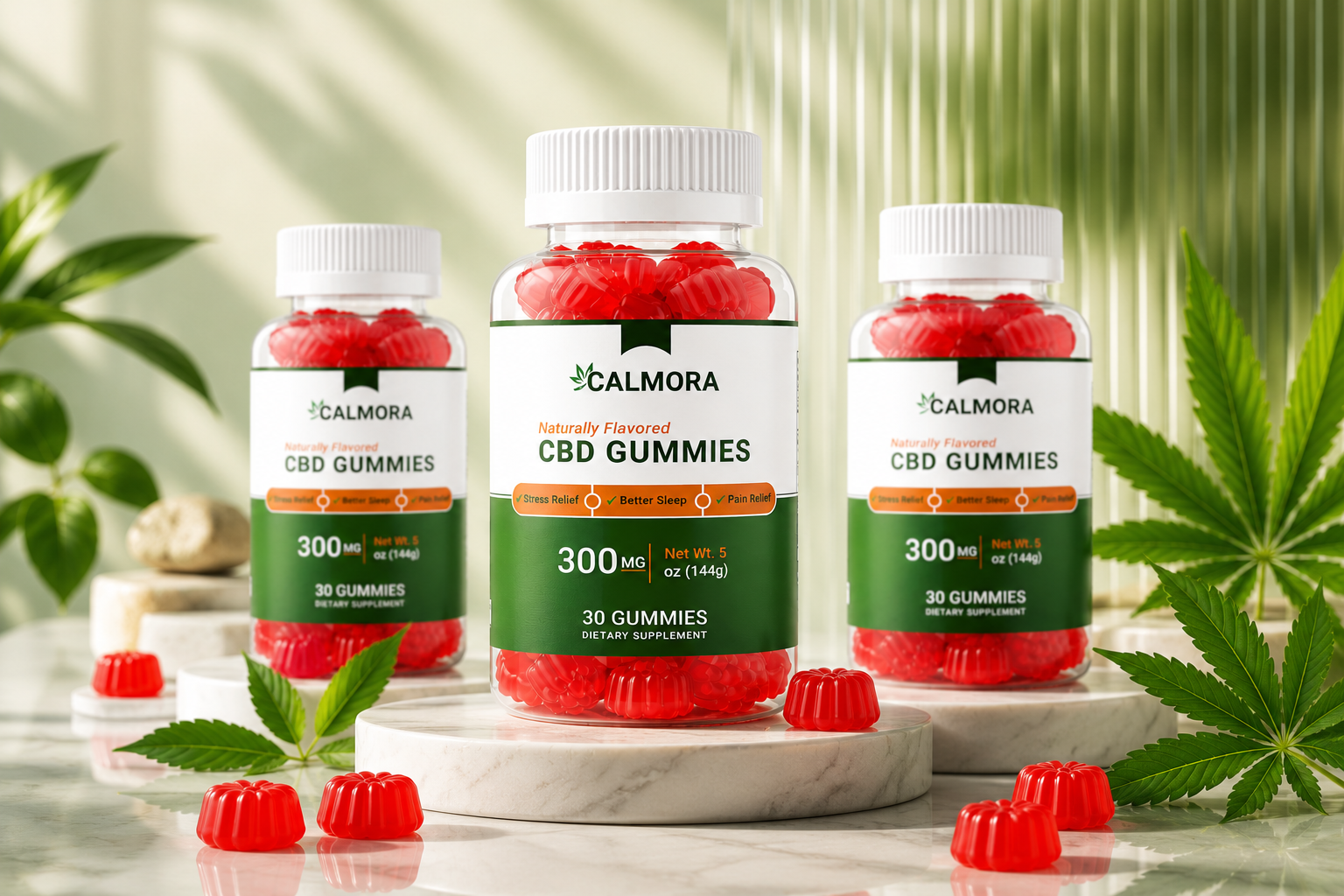 A collection of CALMORA CBD Gummies bottles